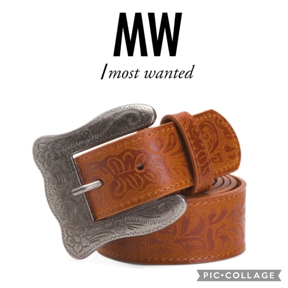 MOST WANTED Leather Wide Western Buckle Tooled Embellished Belt size L NWT